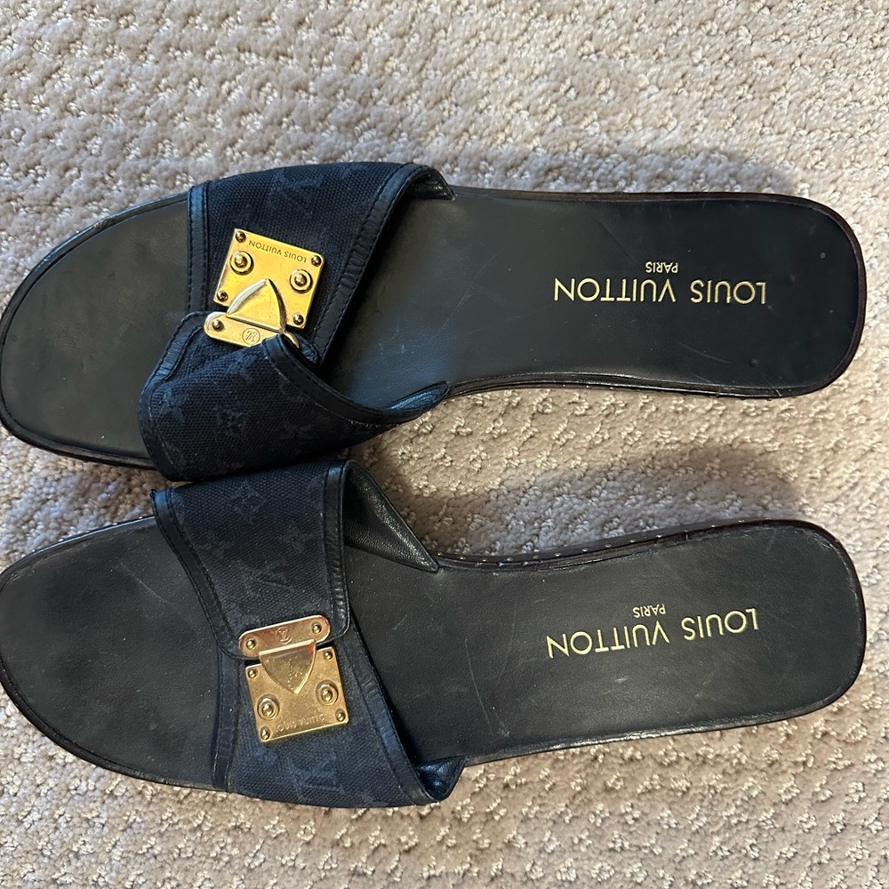 Louis Vuitton Dark Slide Sandals with Gold Details